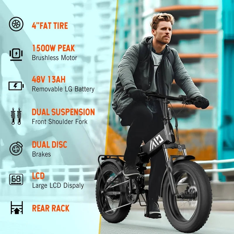 2026 TST Electric Bike, 4.0 Fat Tire Foldable Ebike, 48V 13Ah Batterie, 750W Electric Commuter Bicycle mit LCD, 20“ One-Step Folding Electric City Bike für Männer Frauen, Schwarz