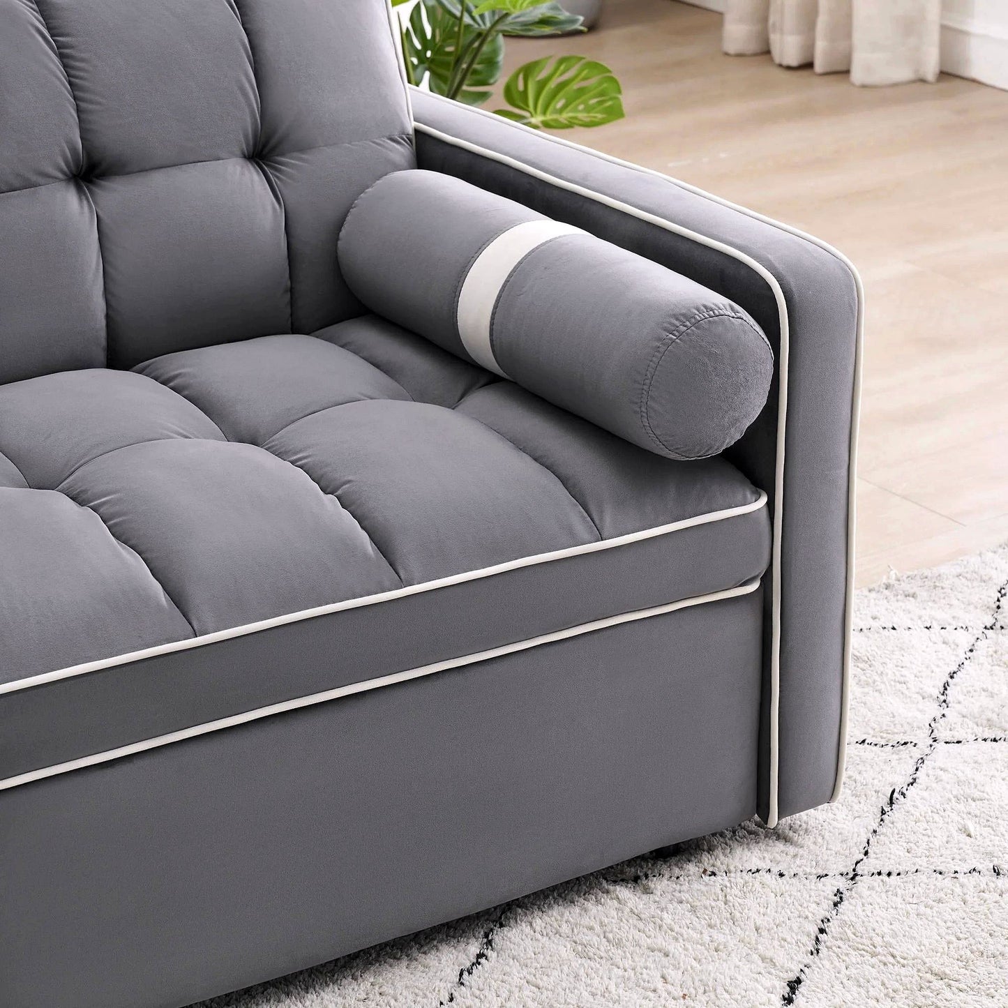 2026 3-in-1 Schlafsofa Couchbett, kleines umwandelbares Samt-Loveseat mit Ausziehbett, verstellbarer Rückenlehne, Zylinderkissen, Mehrfach-Taschen & Handyhalter – Grau, 55,5"