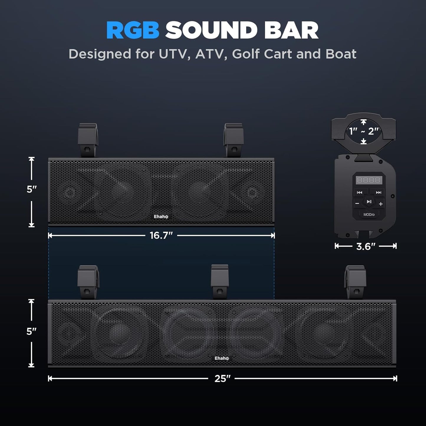 2026 25-Zoll-UTV-Soundbar, ATV-SoundBar Bluetooth mit RGB-Beleuchtung, verstärkte Soundbar, wasserdichte Golfwagen-Soundbar, UTV-Lautsprecher kompatibel mit Polaris RZR Can-Am