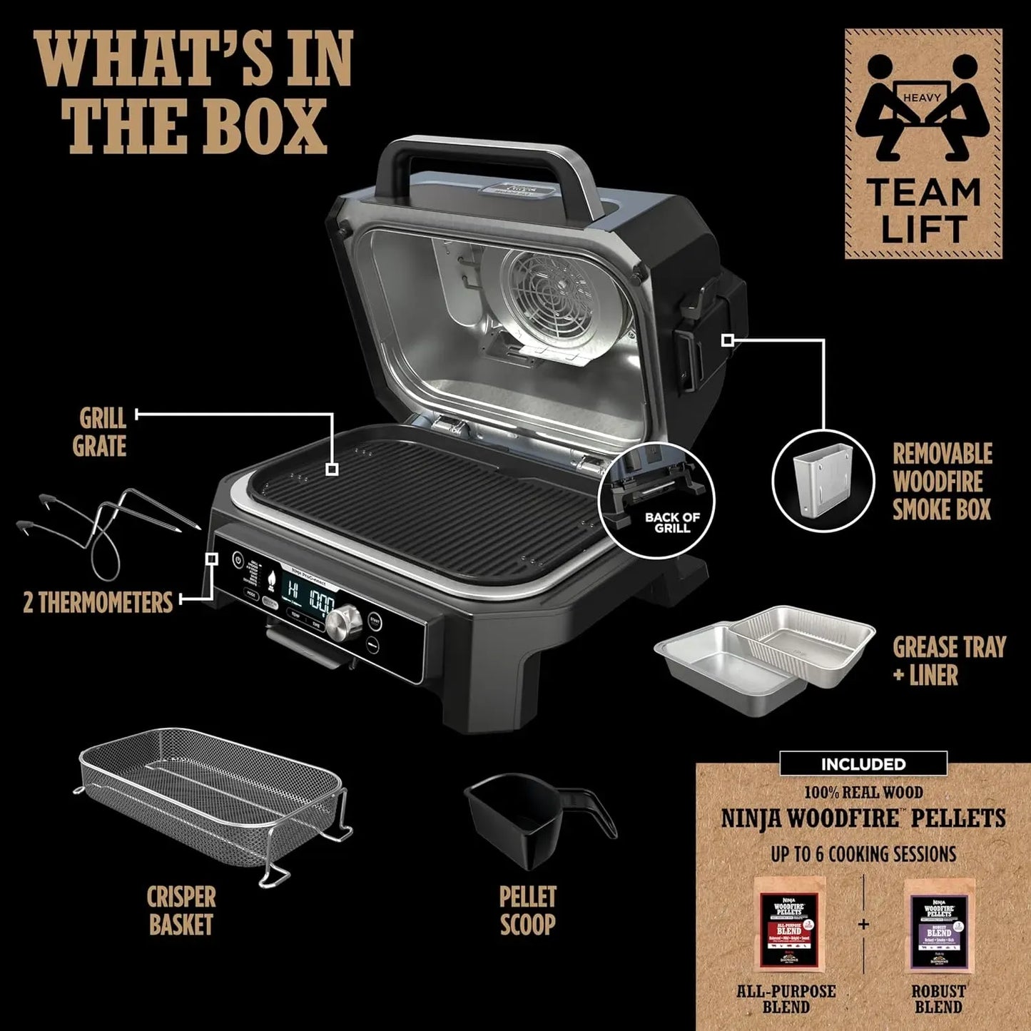2026 Premium XL Outdoor-Grill & Smoker, Bluetooth, App-fähig, 7-in-1 Master Grill, BBQ-Smoker, Outdoor-Heißluftfritteuse, Woodfire-Technologie, 2 eingebaute Thermometer, Schwarz