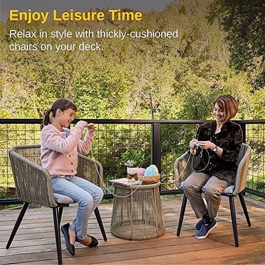 2026 3-teiliges Gartenmöbel-Set – Handgeflochtenes Rattan-Bistroset mit wasserdichten Kissen, Tisch mit gehärteter Glasplatte, Outdoor-Lounge-Set für Terrasse & Balkon, Braun & Hellgrau