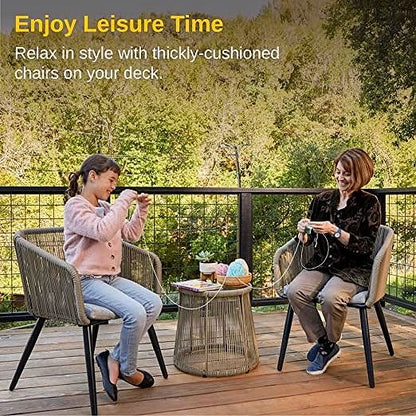 2026 3-teiliges Gartenmöbel-Set – Handgeflochtenes Rattan-Bistroset mit wasserdichten Kissen, Tisch mit gehärteter Glasplatte, Outdoor-Lounge-Set für Terrasse & Balkon, Braun & Hellgrau