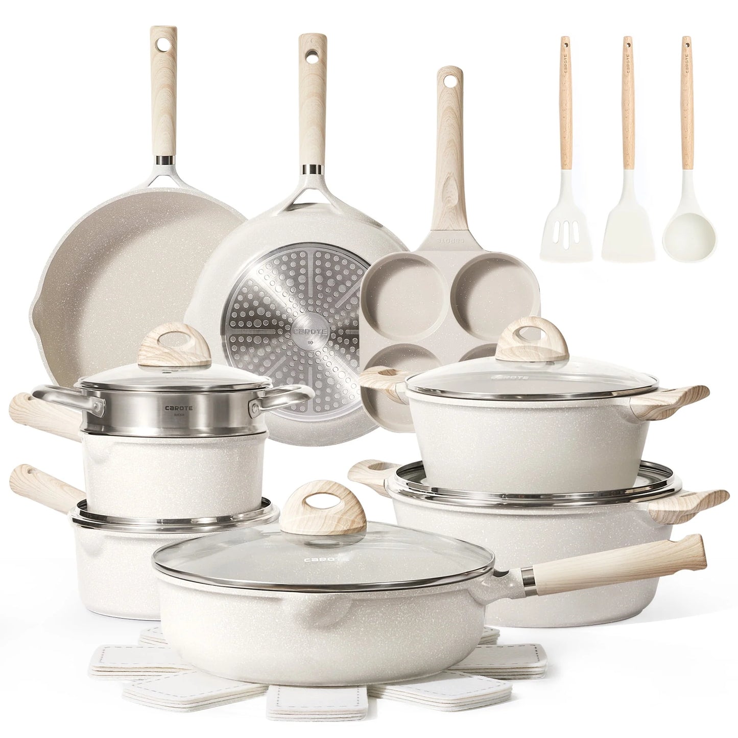 2026 Carote Antihaft-Topf- und Pfannen-Set, 21-teilig, Induktions-Kochgeschirr-Sets (Beige Granit)