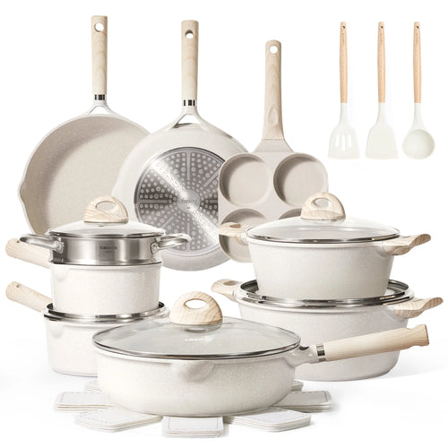 2026 Carote Antihaft-Topf- und Pfannen-Set, 21-teilig, Induktions-Kochgeschirr-Sets (Beige Granit)