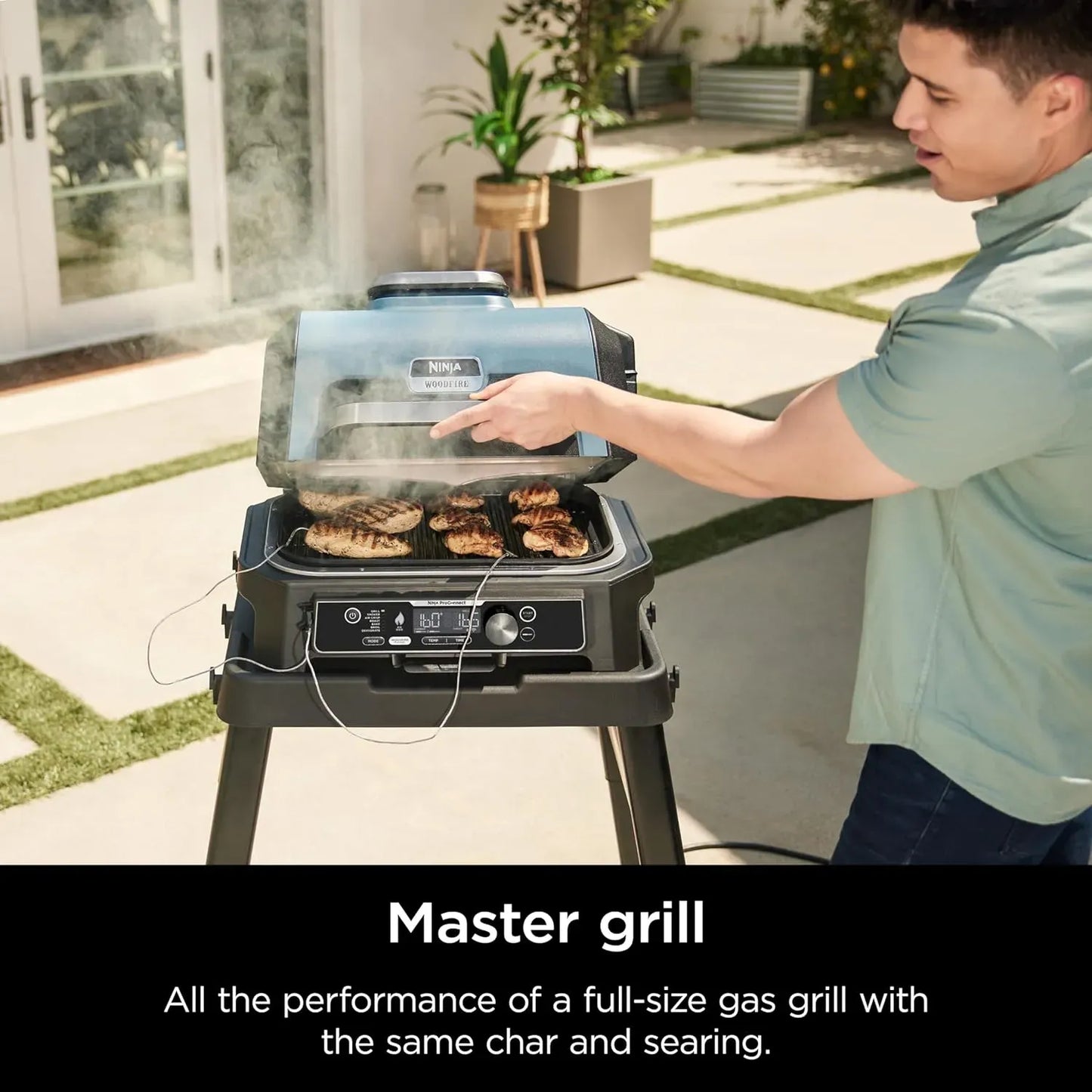 2026 Premium XL Outdoor-Grill & Smoker, Bluetooth, App-fähig, 7-in-1 Master Grill, BBQ-Smoker, Outdoor-Heißluftfritteuse, Woodfire-Technologie, 2 eingebaute Thermometer, Schwarz