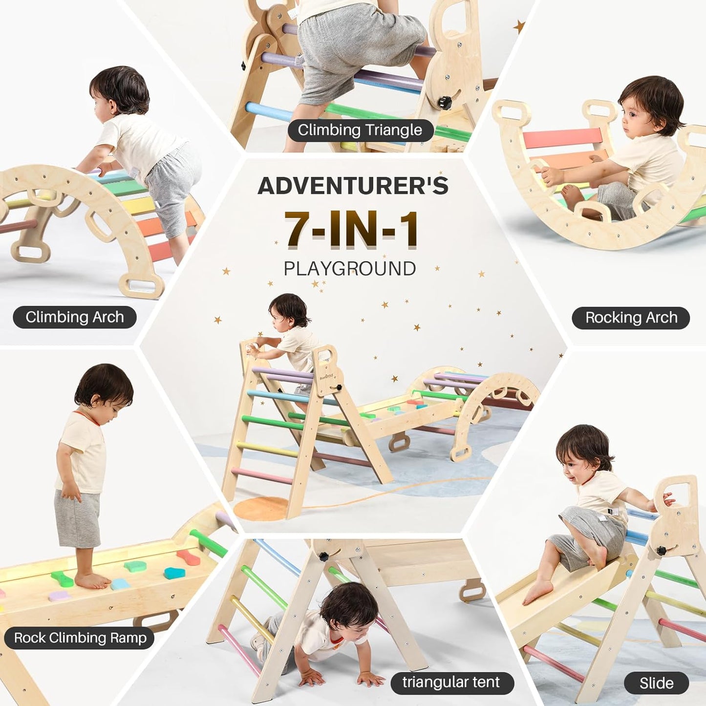 2026 Pikler-Dreieck-Set, 7-in-1, faltbares Baby-Kletterspielzeug, hölzernes Montessori-Kletterset mit Bogen, Rampe und Leiter, Baby-Klettergerät, Indoor-Klettergerüste für Kleinkinder, Montessori-Spielzeug – Regenbogen