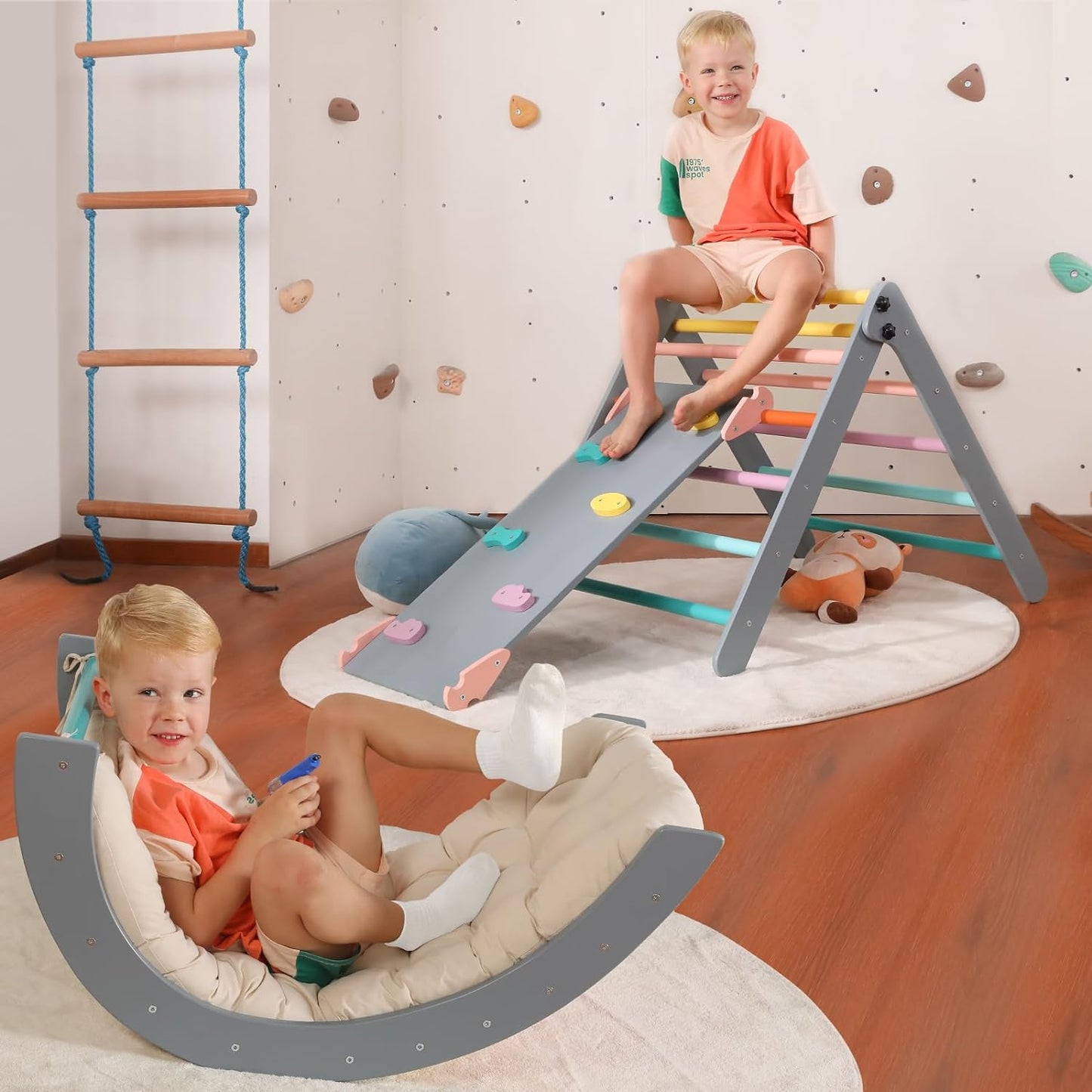 2026 Dreieck-Set mit Kissen, 5-in-1 Montessori-Kletterset, faltbar, Kletter-Indoor-Spielplatz-Set für Kleinkinder, Holz-Kletterspielzeug mit Rampe und Kletterbogen für Kinder (Holzfarbe)
