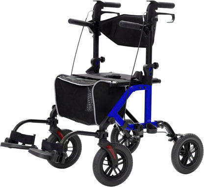 2026 Geländegängiger 2-in-1-Rollator und Transportstuhl, zusammenklappbarer Rollstuhl mit luftlosen 10-Zoll-Rädern für Senioren, umkehrbare Rückenlehne und abnehmbare Fußstützen, blau