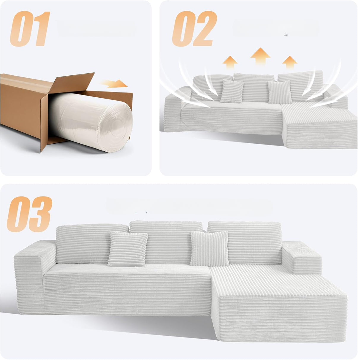 2026 110" Ecksofa ohne Stütze, Cloud Couch Ecksofa, L-förmiges modulares Cord-Ecksofa mit tiefer Sitzfläche, Polstersofa fürs Wohnzimmer, keine Montage erforderlich