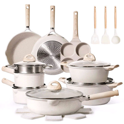2026 CAROTE Antihaft-Töpfe- und Pfannenset, 21-teiliges Induktions-Kochgeschirr (Beige Granit)