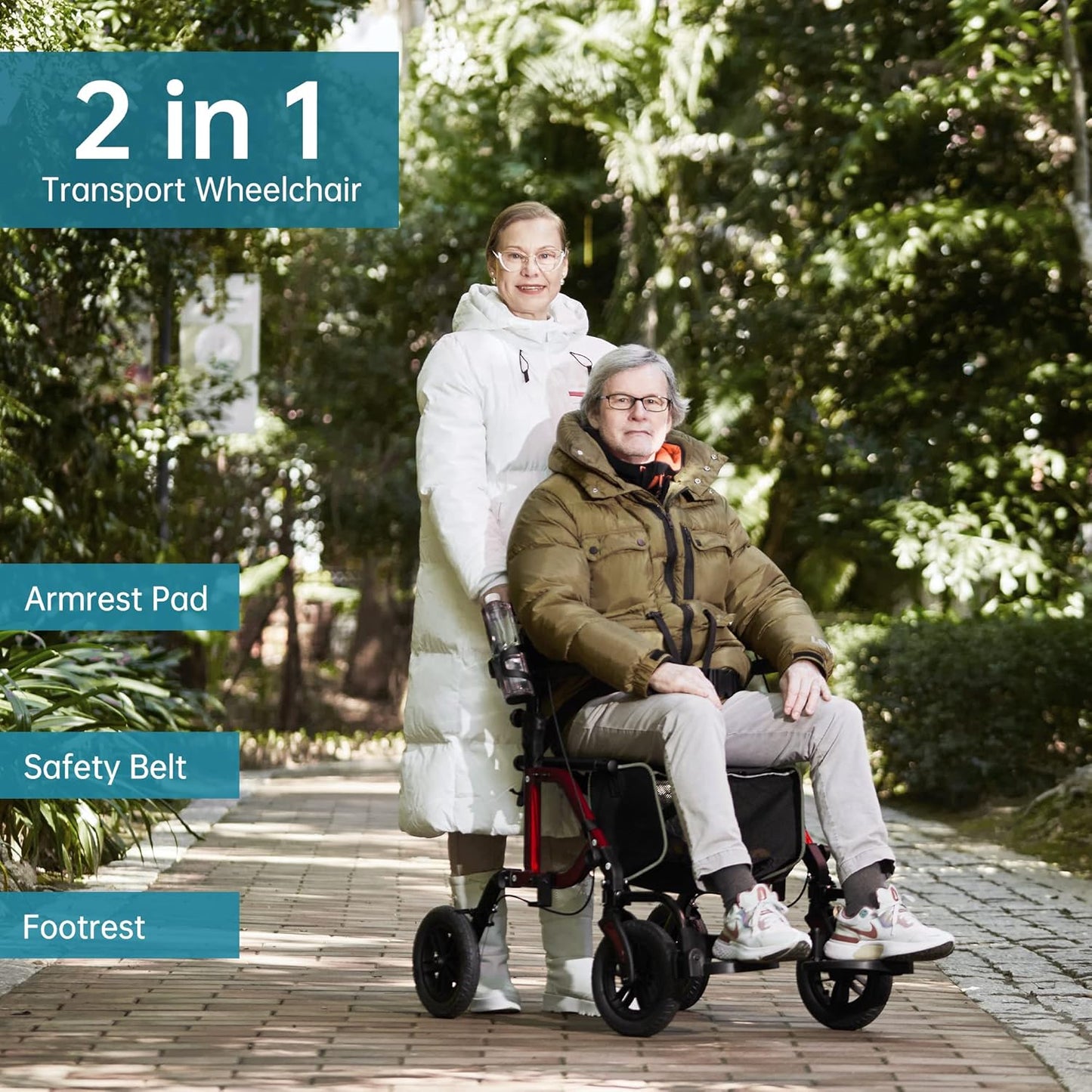 2026 Geländegängiger 2-in-1-Rollator und Transportstuhl, zusammenklappbarer Rollstuhl mit luftlosen 10-Zoll-Rädern für Senioren, umkehrbare Rückenlehne und abnehmbare Fußstützen, blau