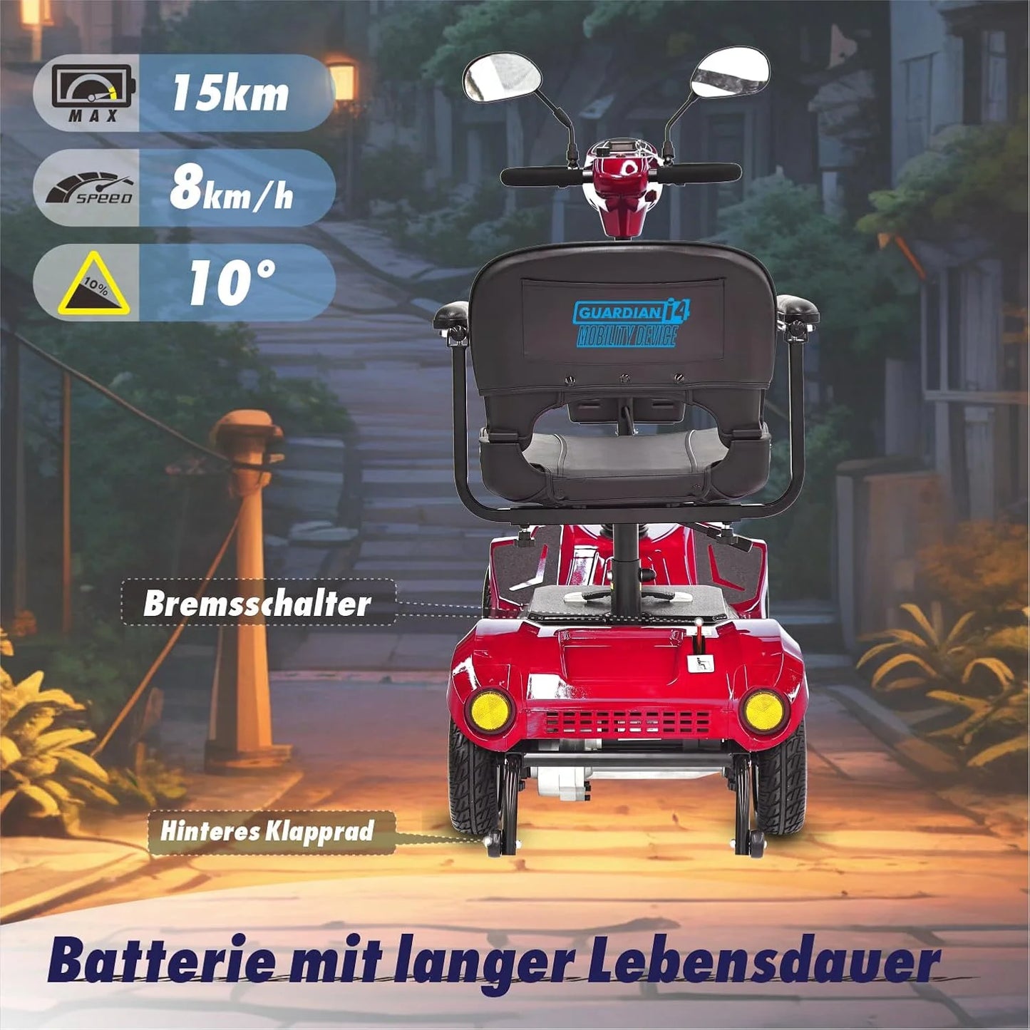 2026 Mobilitätsroller mit 4 Rädern, elektrisch betriebener Rollstuhl, kompaktes Hochleistungsmobil für unterwegs, Erwachsene, Senioren – Langstrecken-Akku mit erweiterter Leistung, Rückspiegel