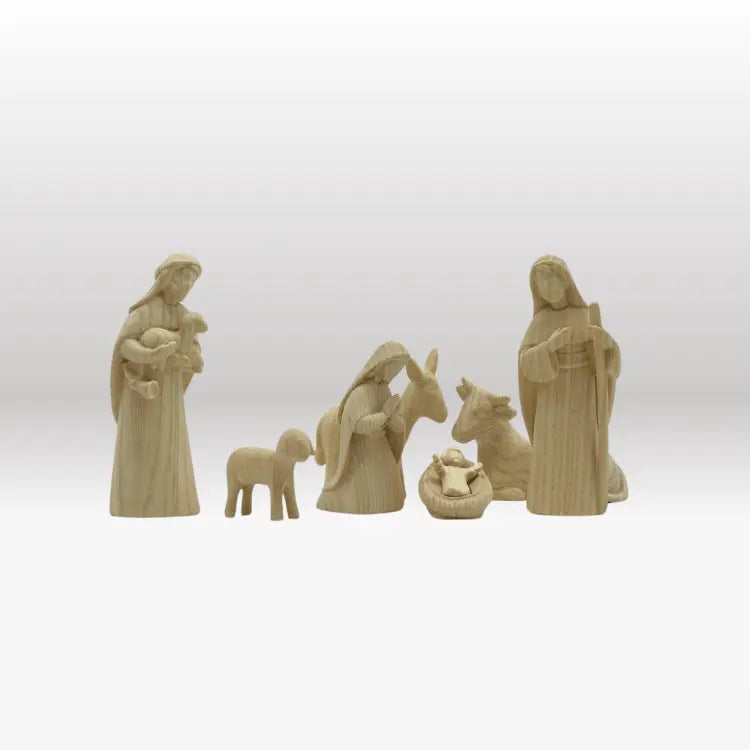 Krippenfiguren Set (7 Figuren) von Akantus natur mit Stall "Sternenschein" natur
