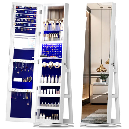 2026 LVSOMT 360° drehbarer LED-Schmuckschrank mit Ganzkörperspiegel, großer Schmuckschrank, verschließbarer Standspiegel, Schmuck-Organizer mit innerem Schminkspiegel und weichem Samt für Wohnzimmer und Schlafzimmer