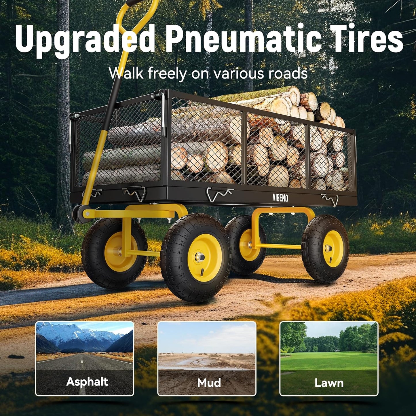 2026 Steel Garden Cart, 2-in-1 1400 lbs Heavy Duty Utility Wagon, with Removable Mesh Sides to Convert into Flatbed, 240° U-Turn 13" Pneumatic Tires Garden Wagon for Farm Yard Lawn Garden Camping