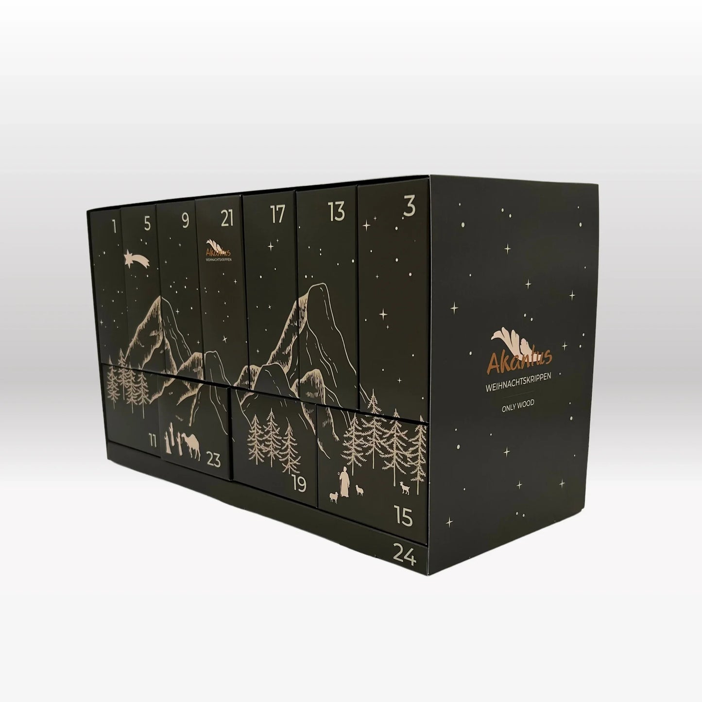 Adventskalender: 8er Set von Akantus bemalt mit Krippenhaus "Akantus Design Original" Eiche I AD-0-2 + KB-2