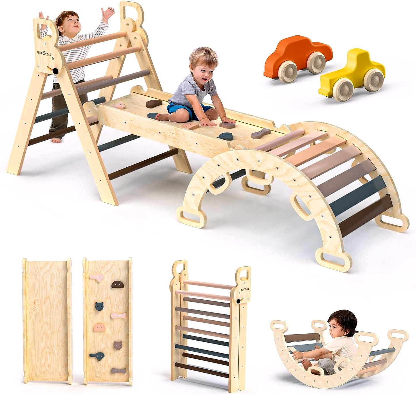 2026 Pikler-Dreieck Set 7-in-1 – Faltbares Baby-Kletterspielzeug aus Holz, Montessori Kletterset mit Bogen, Rampe & Leiter, Indoor Klettergerüst für Kleinkinder – Regenbogen