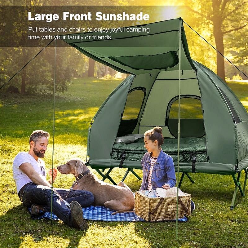 2026 5-in-1 Zelt-Campingbett für 2 Personen – Tragbares Outdoor-Tent-Combo mit Luftmatratze, Schlafsäcken & Sonnenschutz