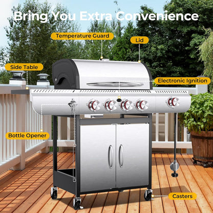 2026 R.W.FLAME 3 & 4-Brenner Propan-Gasgrills mit Seitenbrennern, für Outdoor-Kochen, BBQ, Terrasse, Camping