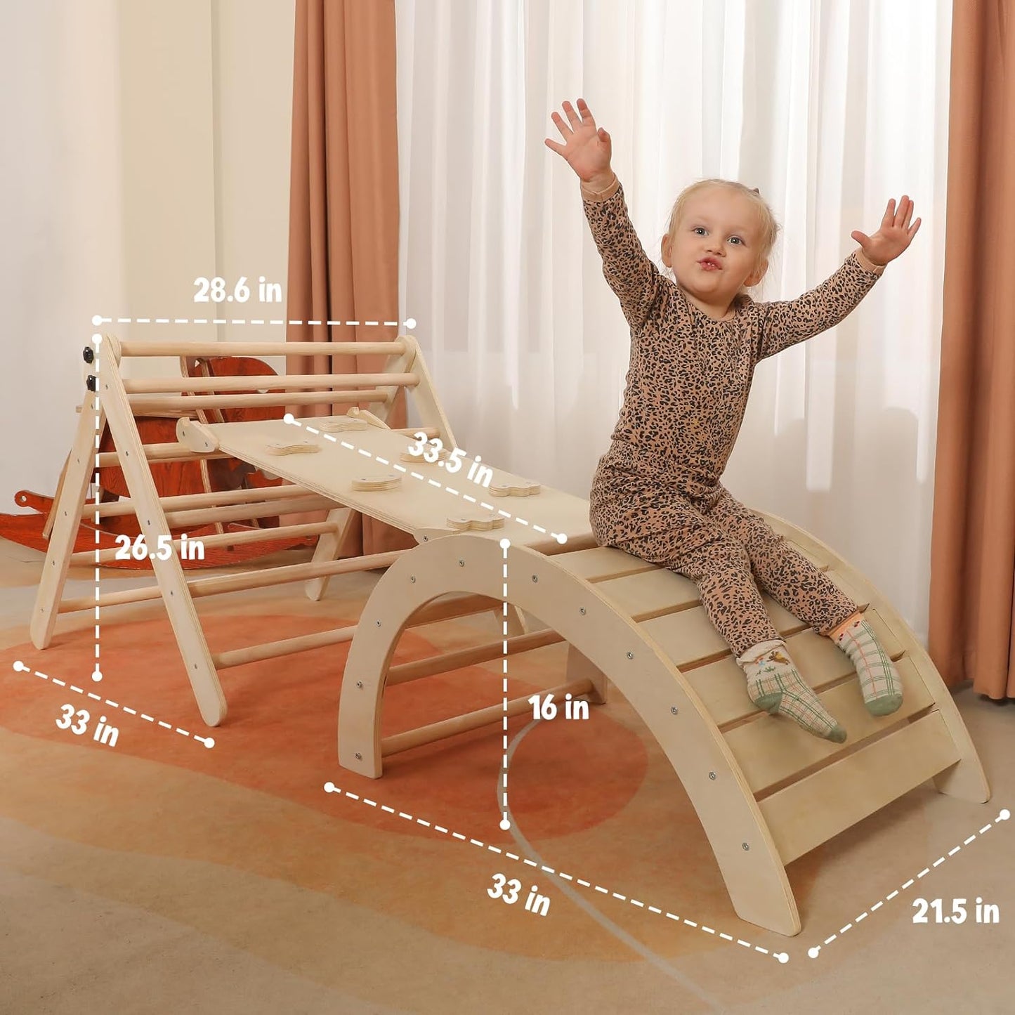 2026 Dreieck-Set mit Kissen, 5-in-1 Montessori-Kletterset, faltbar, Kletter-Indoor-Spielplatz-Set für Kleinkinder, Holz-Kletterspielzeug mit Rampe und Kletterbogen für Kinder (Holzfarbe)