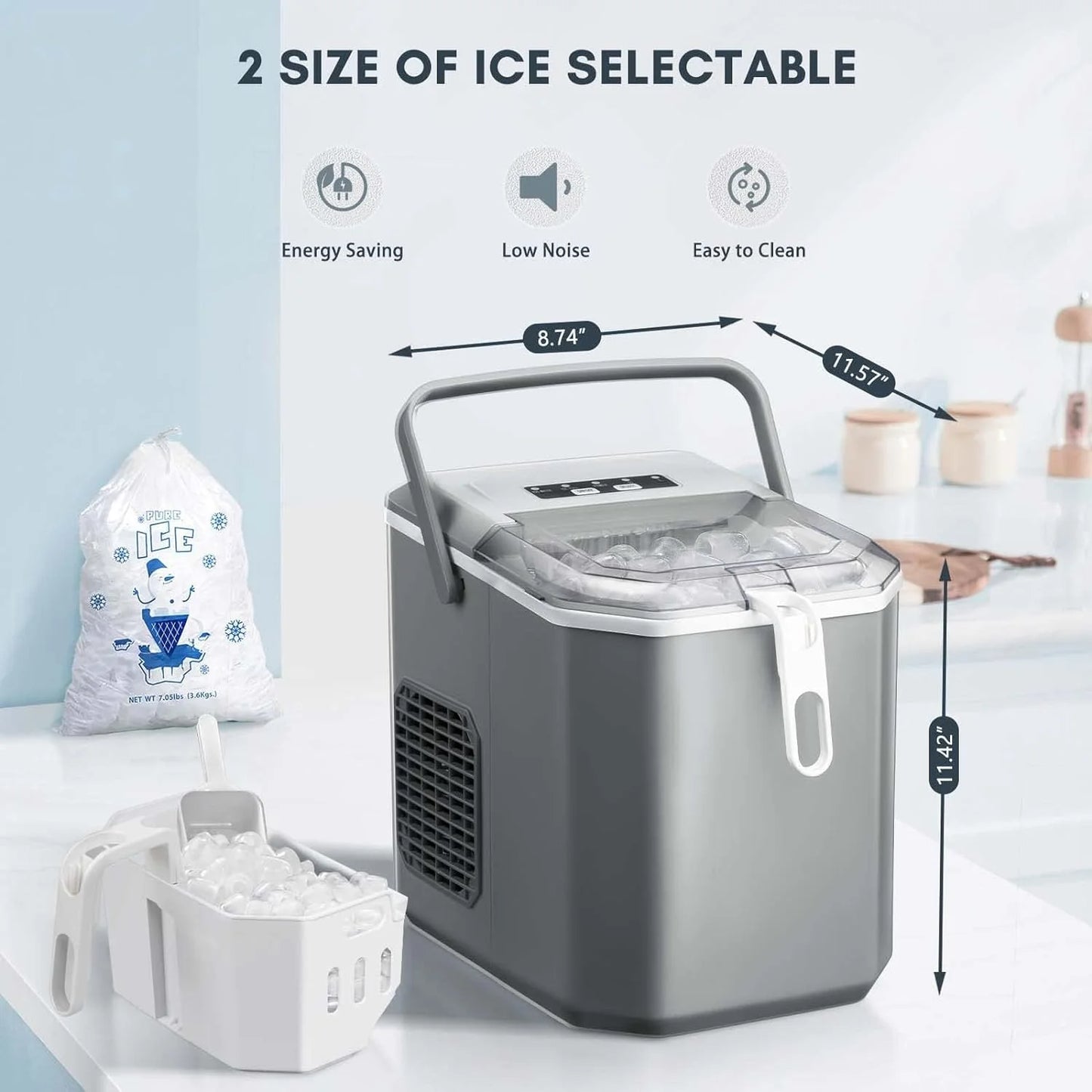 2026 Eiswürfelbereiter für die Arbeitsplatte, tragbare Eismaschine mit Tragegriff, selbstreinigend, Korb und Schaufel, 9 Würfel in 6 Minuten, 12 kg/24 Std., 2 Größen von Bullet Ice, für Zuhause, Küche, Party, Schwarz, Grün