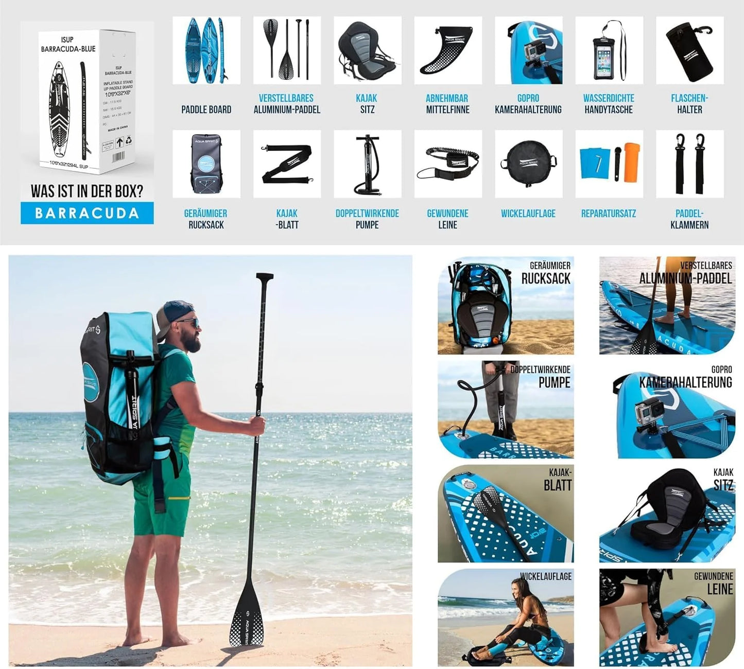 2026 Aqua Spirit SUP Board Aufblasbares Standup Stand Up Paddle Board/Paddel Kajak | 320x81x15cm | Satz mit Paddel, Sitz, Rucksack, Pumpe und weiterem Zubehör | Erwachsene Anfänger/Experten (Blau)