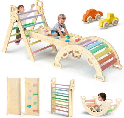 2026 Pikler-Dreieck-Set, 7-in-1, faltbares Baby-Kletterspielzeug, hölzernes Montessori-Kletterset mit Bogen, Rampe und Leiter, Baby-Klettergerät, Indoor-Klettergerüste für Kleinkinder, Montessori-Spielzeug – Regenbogen