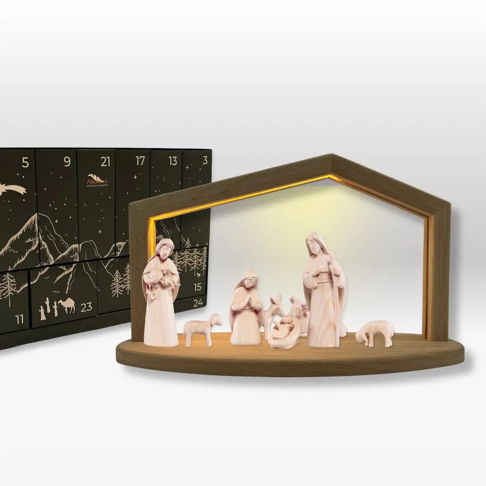 Adventskalender: 8er Set von Akantus natur mit Krippenhaus "Akantus Design Original" Eiche I AD-0-2 + KN-2