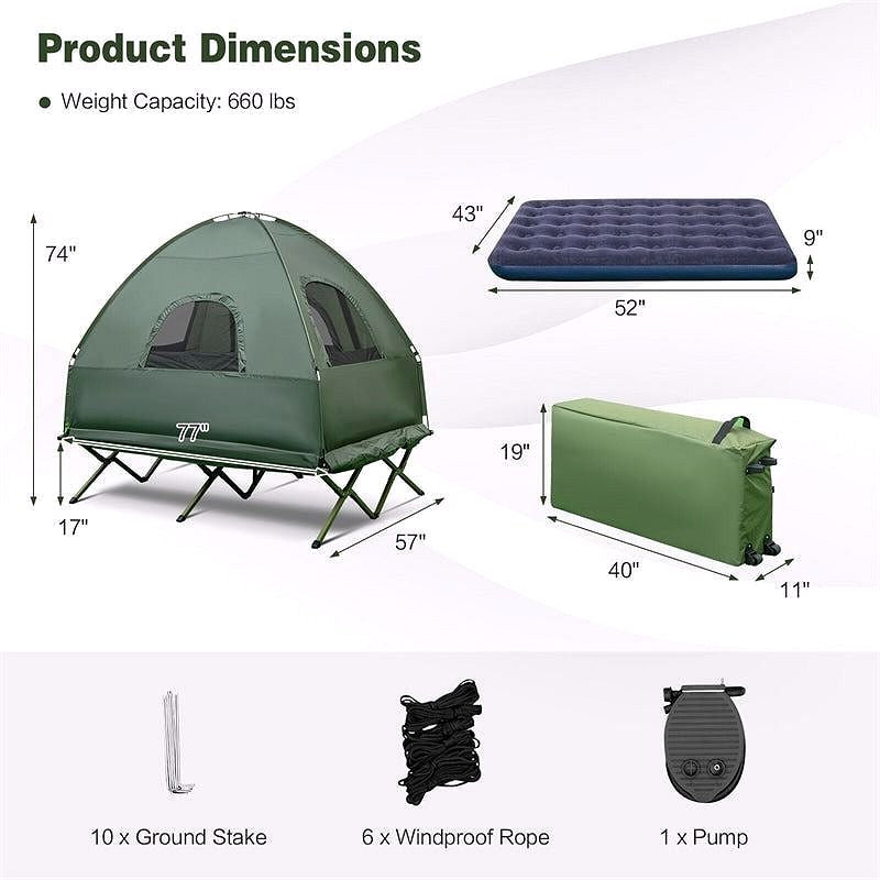 2026 5-in-1 Zelt-Campingbett für 2 Personen – Tragbares Outdoor-Tent-Combo mit Luftmatratze, Schlafsäcken & Sonnenschutz