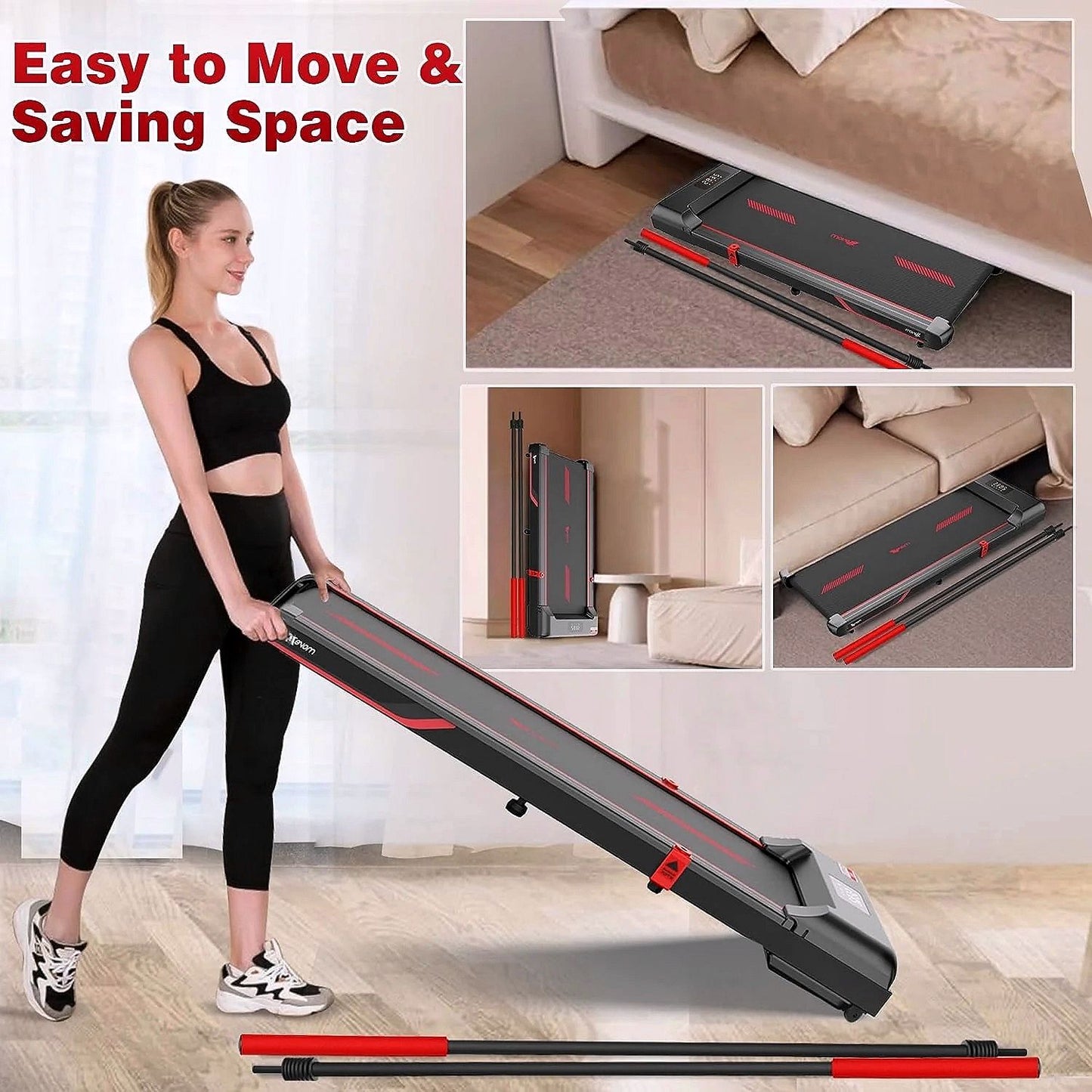 2026 Superjoe Walking Pad Laufband für unter den Schreibtisch – 2-in-1 mit Fernbedienung & abnehmbaren Handläufen, Rot