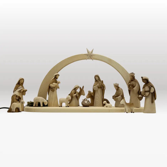 Krippenfiguren Set (15 Figuren) von Akantus bemalt mit Stall "Sternenschein" natur