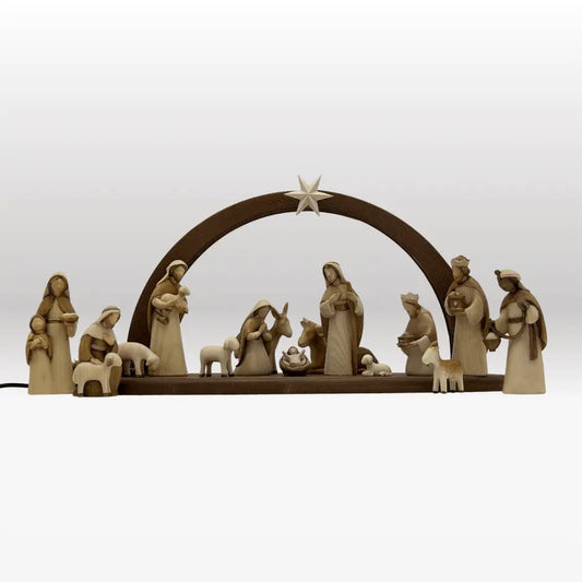 Krippenfiguren Set (15 Figuren) von Akantus bemalt mit Stall "Sternenschein" dunkel