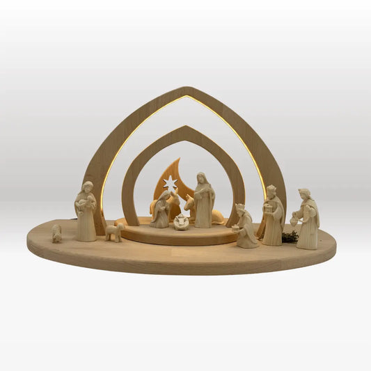 Krippenfiguren Set (11 Figuren) von Akantus natur mit Krippenstall "Bethlehem"