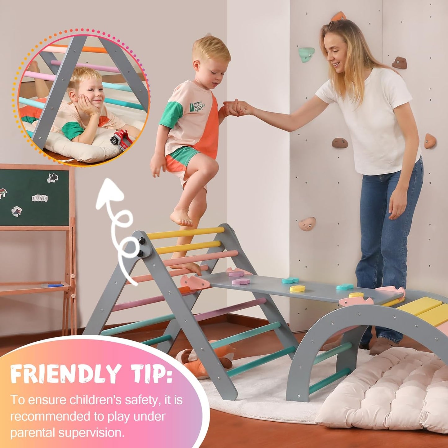 2026 Dreieck-Set mit Kissen, 5-in-1 Montessori-Kletterset, faltbar, Kletter-Indoor-Spielplatz-Set für Kleinkinder, Holz-Kletterspielzeug mit Rampe und Kletterbogen für Kinder (Holzfarbe)