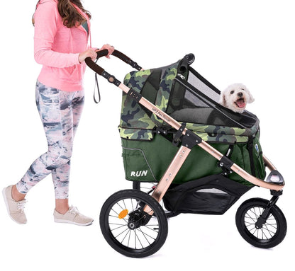 2026 Jogging-Sport-Tierbuggy mit Komfort-Gummirädern / Reißverschlusslosem Einstieg / Einhand-Schnellfaltung / Aluminiumrahmen für kleine & mittelgroße Hunde, Katzen und Haustiere (Grün Camouflage)