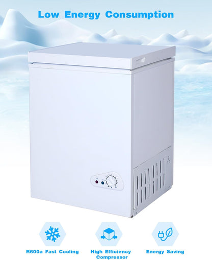 2026 3,5 Kubikfuß Gefriertruhe mit herausnehmbarem Korb, 7-stufige einstellbare Temperaturregelung (-28 °C bis -46 °C), kompakte Tiefkühltruhe für Garage, Büro, Keller, Haus, Küche, Geschäft, Wohnmobile, Weiß