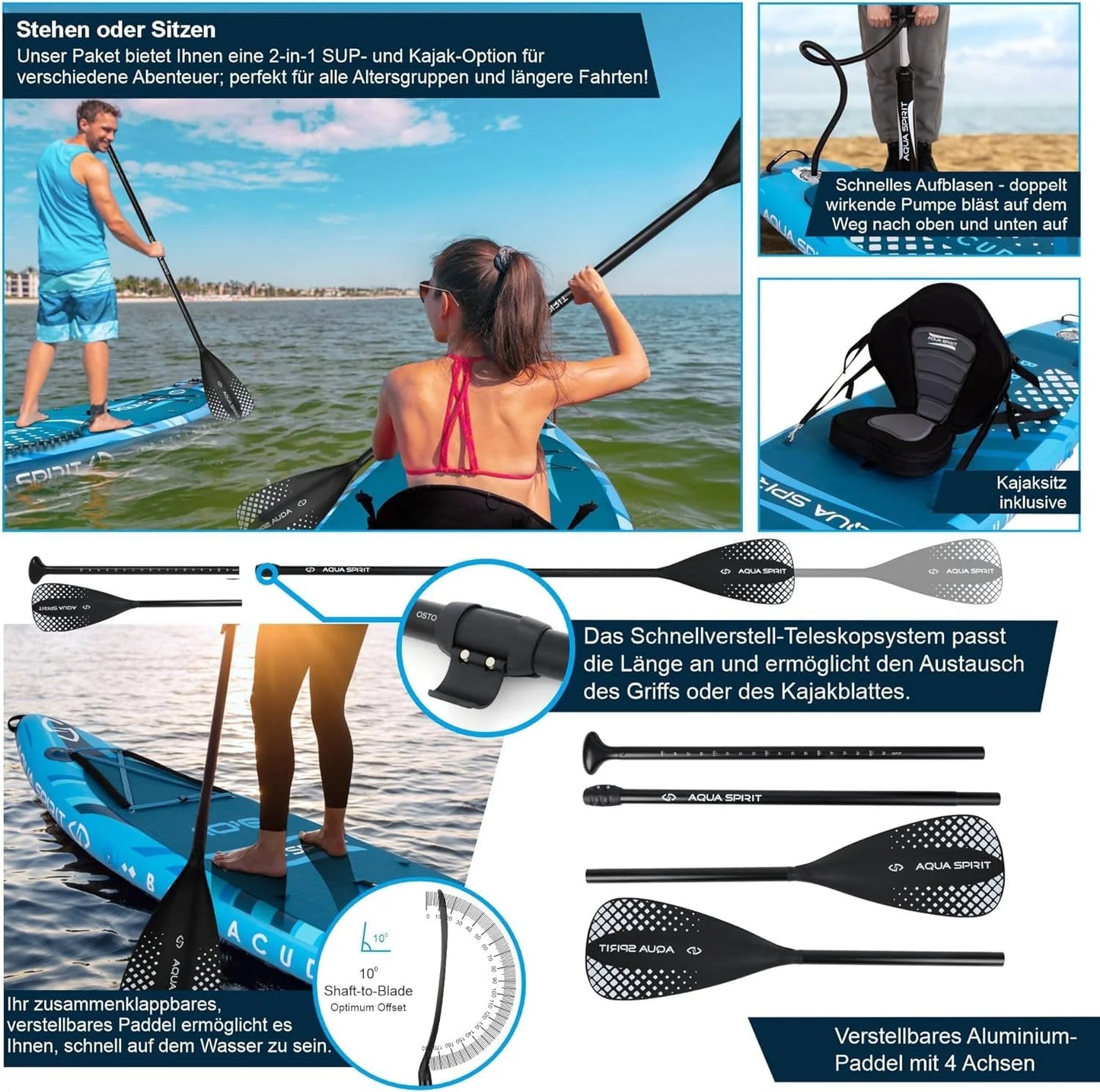 2026 Aqua Spirit SUP Board Aufblasbares Standup Stand Up Paddle Board/Paddel Kajak | 320x81x15cm | Satz mit Paddel, Sitz, Rucksack, Pumpe und weiterem Zubehör | Erwachsene Anfänger/Experten (Blau)