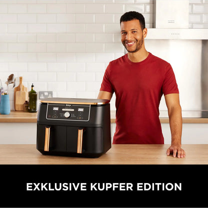 2026 Ninja Foodi MAX Dual Zone Heißluftfritteuse, 9,5L Airfryer, 2 Fächer, mit Zange, Antihaftbeschichtung, spülmaschinenfeste Körbe, 6-in-1, Amazon Exklusiv, Kupfer/Schwarz, AF400EUCP