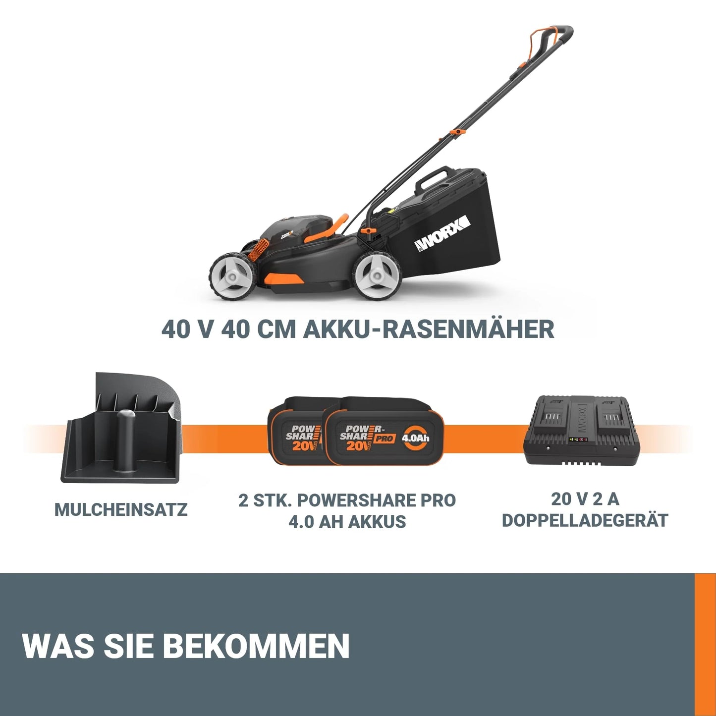 2026 WORX WG743E Akku-Rasenmäher 40V – Profi Rasenmäher mit Mulchfunktion & PowerShare Akku – Rasenmähen ohne Kabel – Ideal für Gärten bis zu 500m²