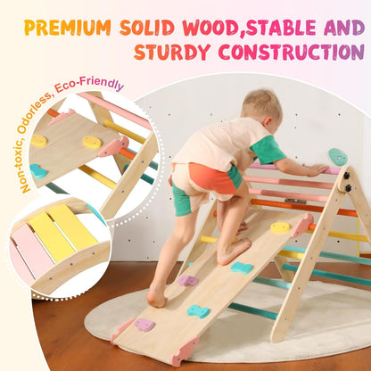 2026 Dreieck-Set mit Kissen, 5-in-1 Montessori-Kletterset, faltbar, Kletter-Indoor-Spielplatz-Set für Kleinkinder, Holz-Kletterspielzeug mit Rampe und Kletterbogen für Kinder (Holzfarbe)