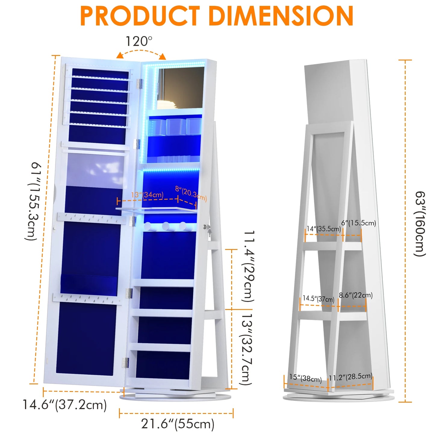 2026 LVSOMT 360° drehbarer LED-Schmuckschrank mit Ganzkörperspiegel, großer Schmuckschrank, verschließbarer Standspiegel, Schmuck-Organizer mit innerem Schminkspiegel und weichem Samt für Wohnzimmer und Schlafzimmer