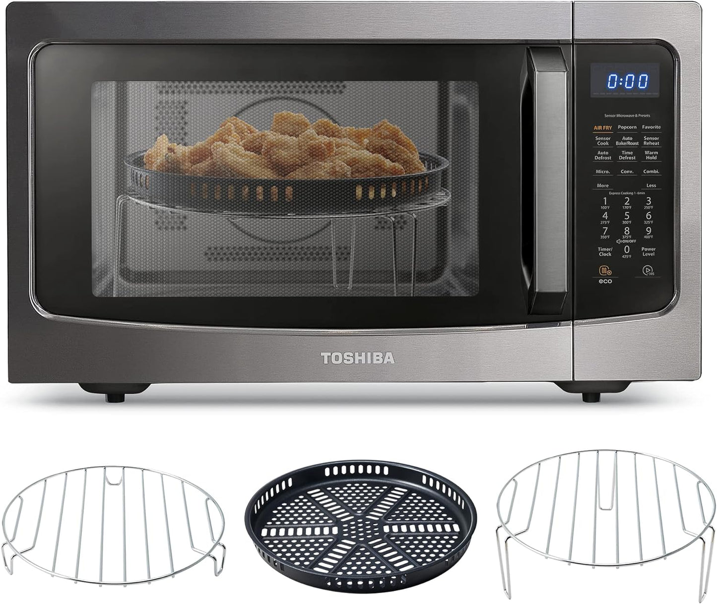 2026 TOSHIBA 4-in-1 ML-EC42P(SS) Mikrowellenherd für die Arbeitsplatte, Smart Sensor, Konvektion, Heißluftfritteuse-Kombination, Stummschaltfunktion, Positionsspeicher, 13,6" Drehteller, 1,5 Kubikfuß, 1000 W, silber