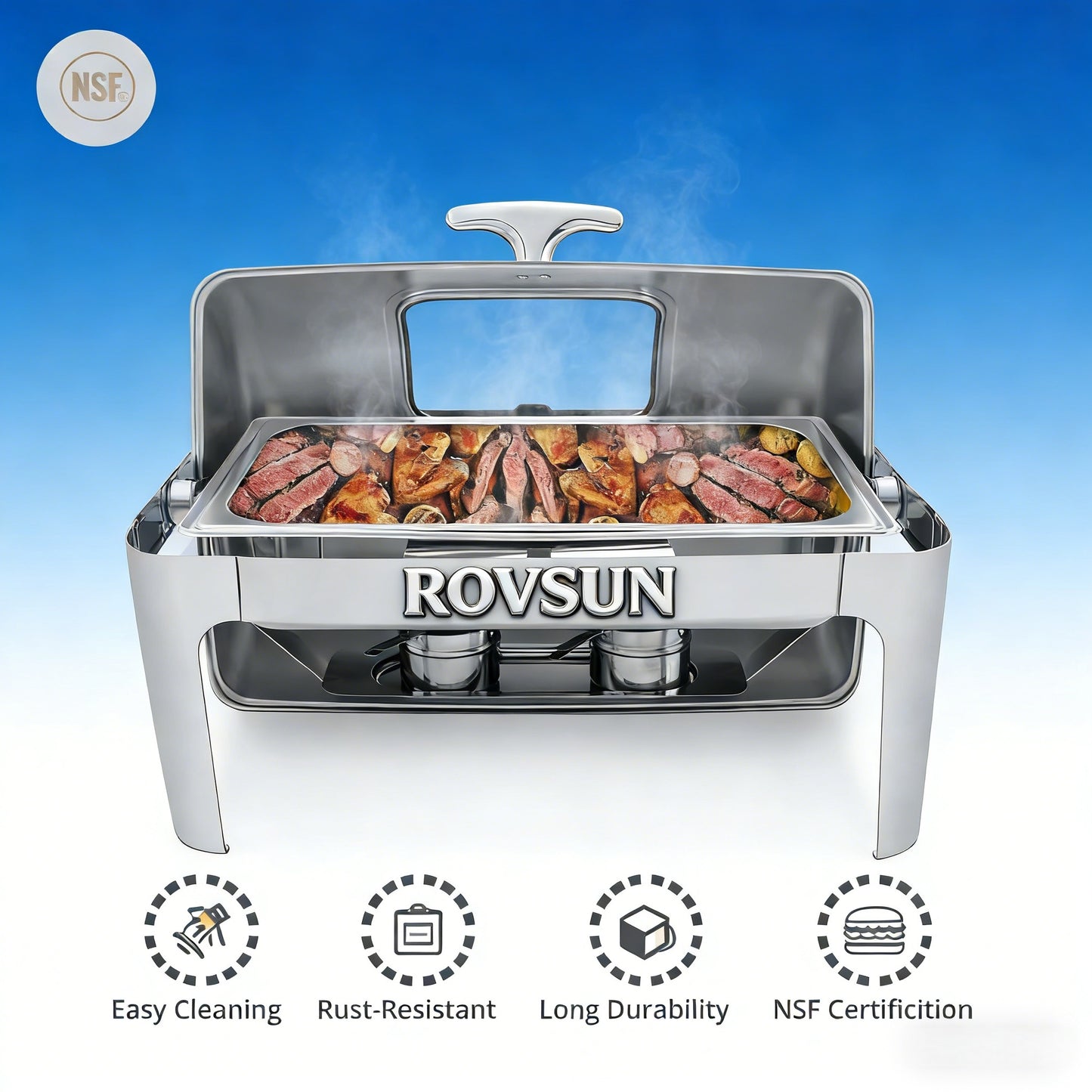 2026 9 QT Roll Top Rectangle Chafing Dish Set with Full Size Pan & Visible Window