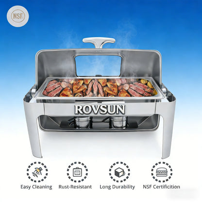 2026 9 QT Roll Top Rectangle Chafing Dish Set with Full Size Pan & Visible Window