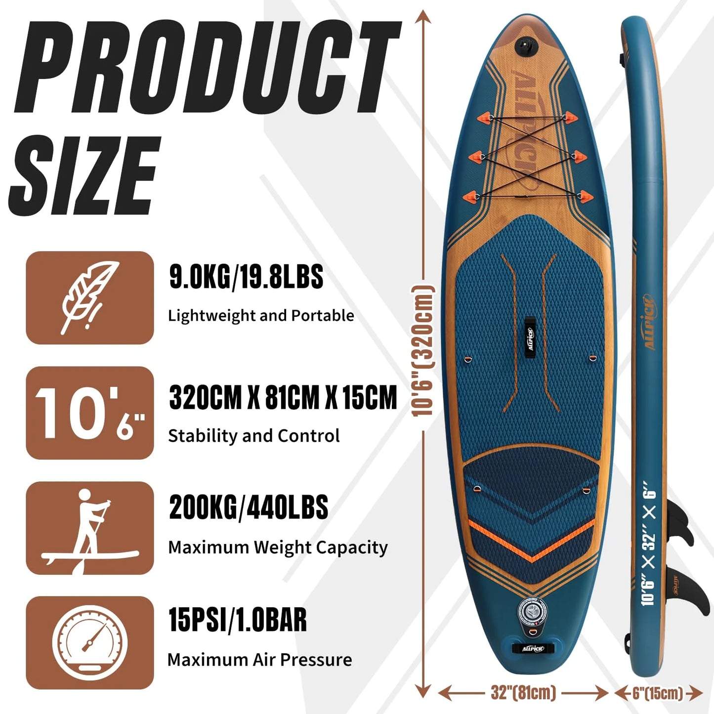 2026 ALLPICK Premium SUP Board Set, Stand Up Paddling Board Aufblasbar, Mit Universal Kamerahalterung, Komplettes Zubehör, Verstellbares Paddel, Anfänger und Fortgeschrittene, 180kg Marineblau