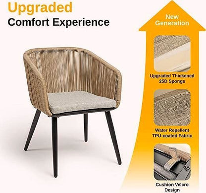 2026 3-teiliges Gartenmöbel-Set – Handgeflochtenes Rattan-Bistroset mit wasserdichten Kissen, Tisch mit gehärteter Glasplatte, Outdoor-Lounge-Set für Terrasse & Balkon, Braun & Hellgrau