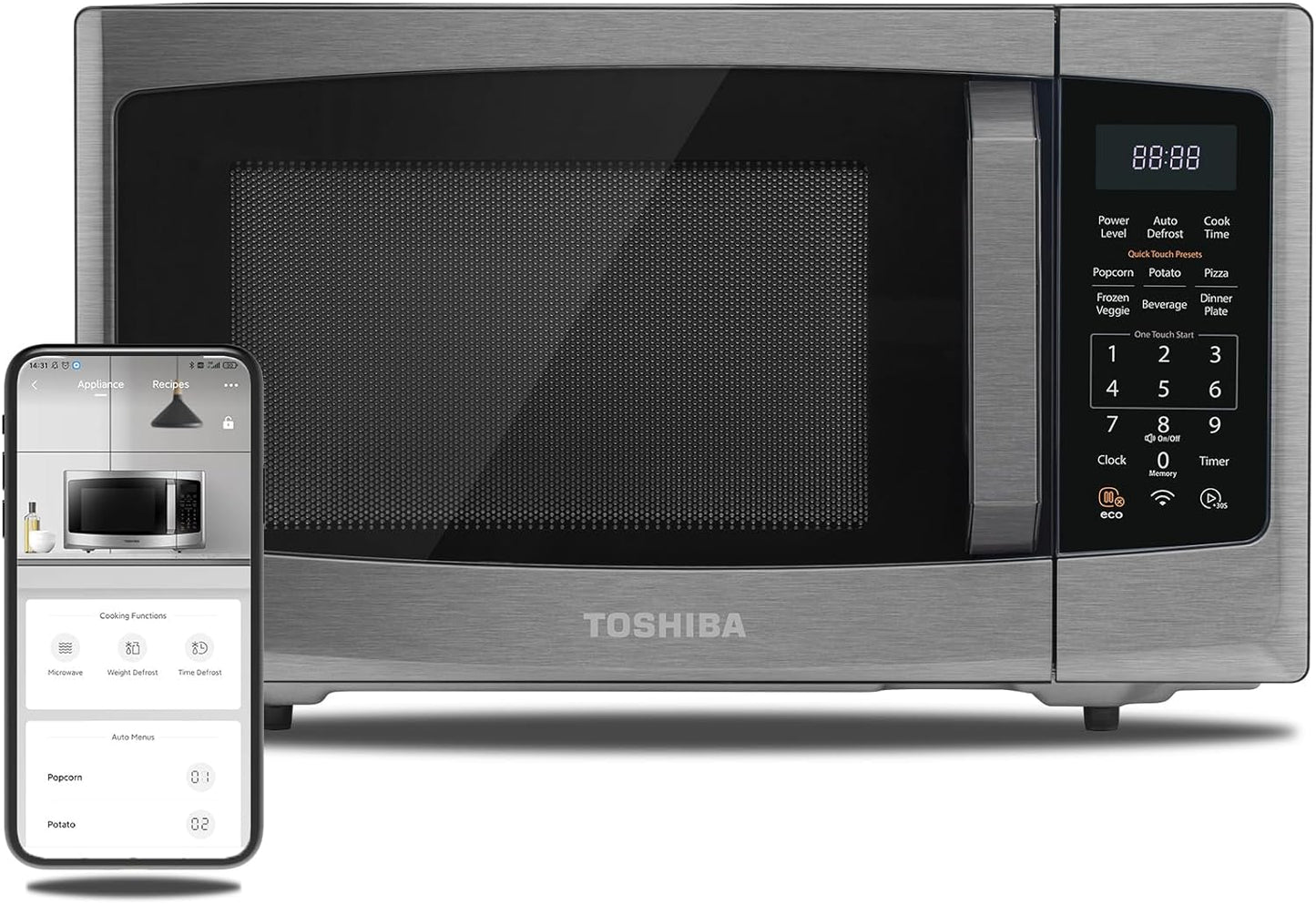 2026 TOSHIBA 4-in-1 ML-EC42P(SS) Mikrowellenherd für die Arbeitsplatte, Smart Sensor, Konvektion, Heißluftfritteuse-Kombination, Stummschaltfunktion, Positionsspeicher, 13,6" Drehteller, 1,5 Kubikfuß, 1000 W, silber
