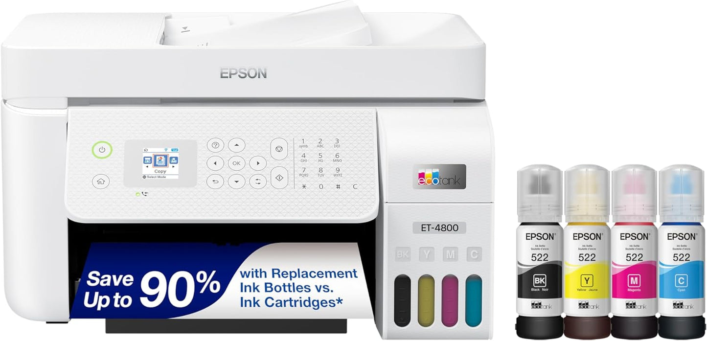 2026 ET-4800 Kabelloser All-in-One-Supertank-Drucker ohne Patronen mit Scanner, Kopierer, Fax, ADF und Ethernet – Ideal für Ihr Home-Office, Weiß