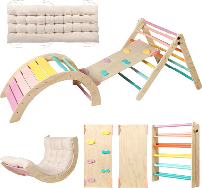 2026 Dreieck-Set mit Kissen, 5-in-1 Montessori-Kletterset, faltbar, Kletter-Indoor-Spielplatz-Set für Kleinkinder, Holz-Kletterspielzeug mit Rampe und Kletterbogen für Kinder (Holzfarbe)