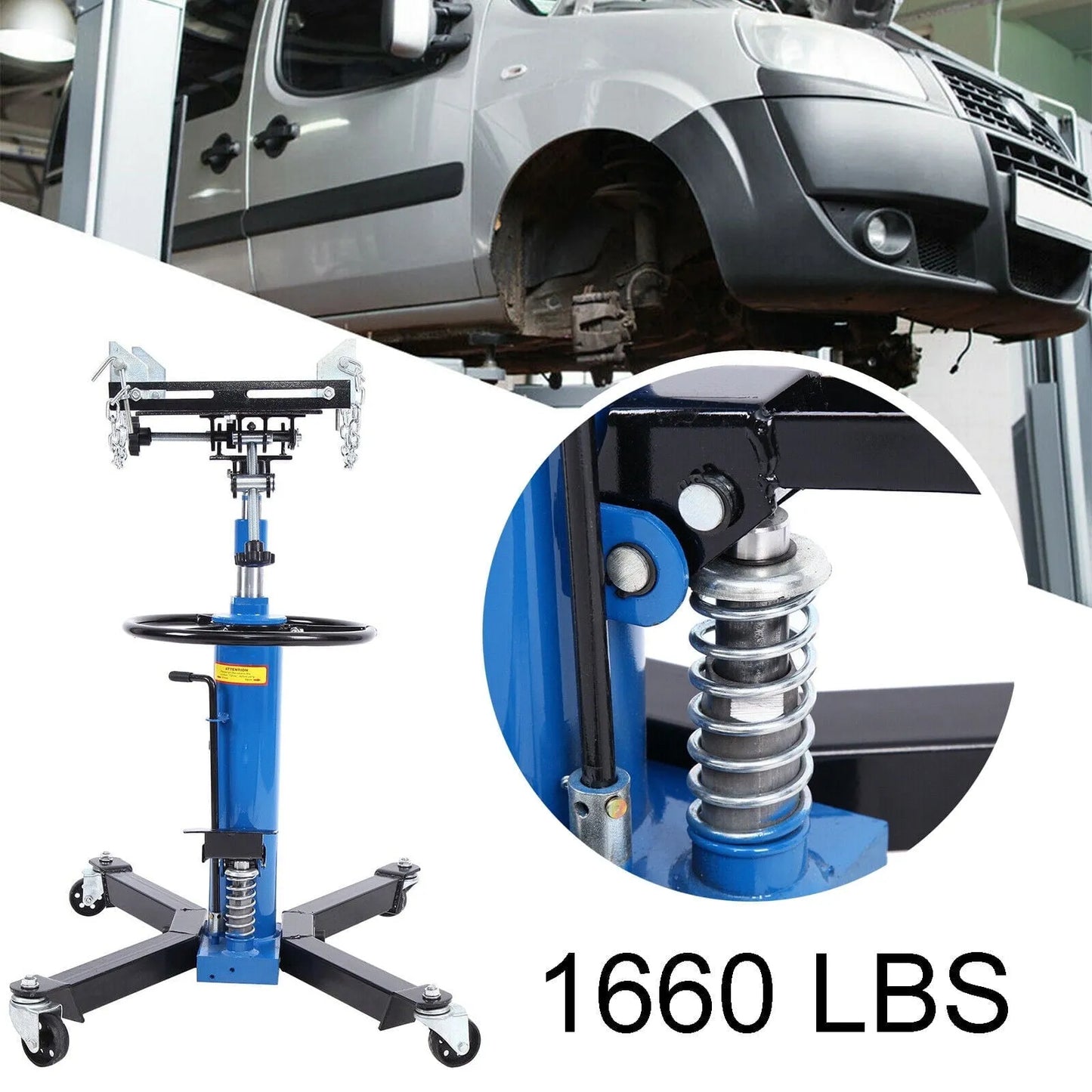 2026 Vertikaler hydraulischer Getriebeheber für Autos, Tragfähigkeit 0,75 Tonne (1660 Pfund), Hubhöhe 33" bis 70", mit 360° schwenkbaren Rollen und Fußpedal – Blau